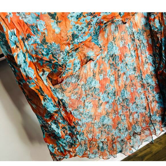 CAROLINE CONSTAS 100% Silk Orange Teal Floral Vivian V-Neckline Dress Size Large - Picture 13 of 16